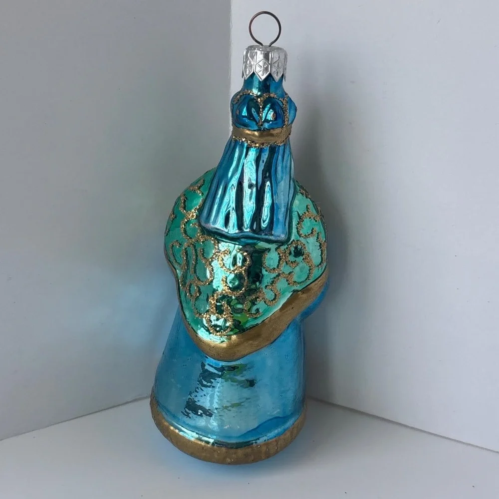 Vintage Blown Glass Wise Man King Christmas Ornament Teal Blue Gold Glitter 6